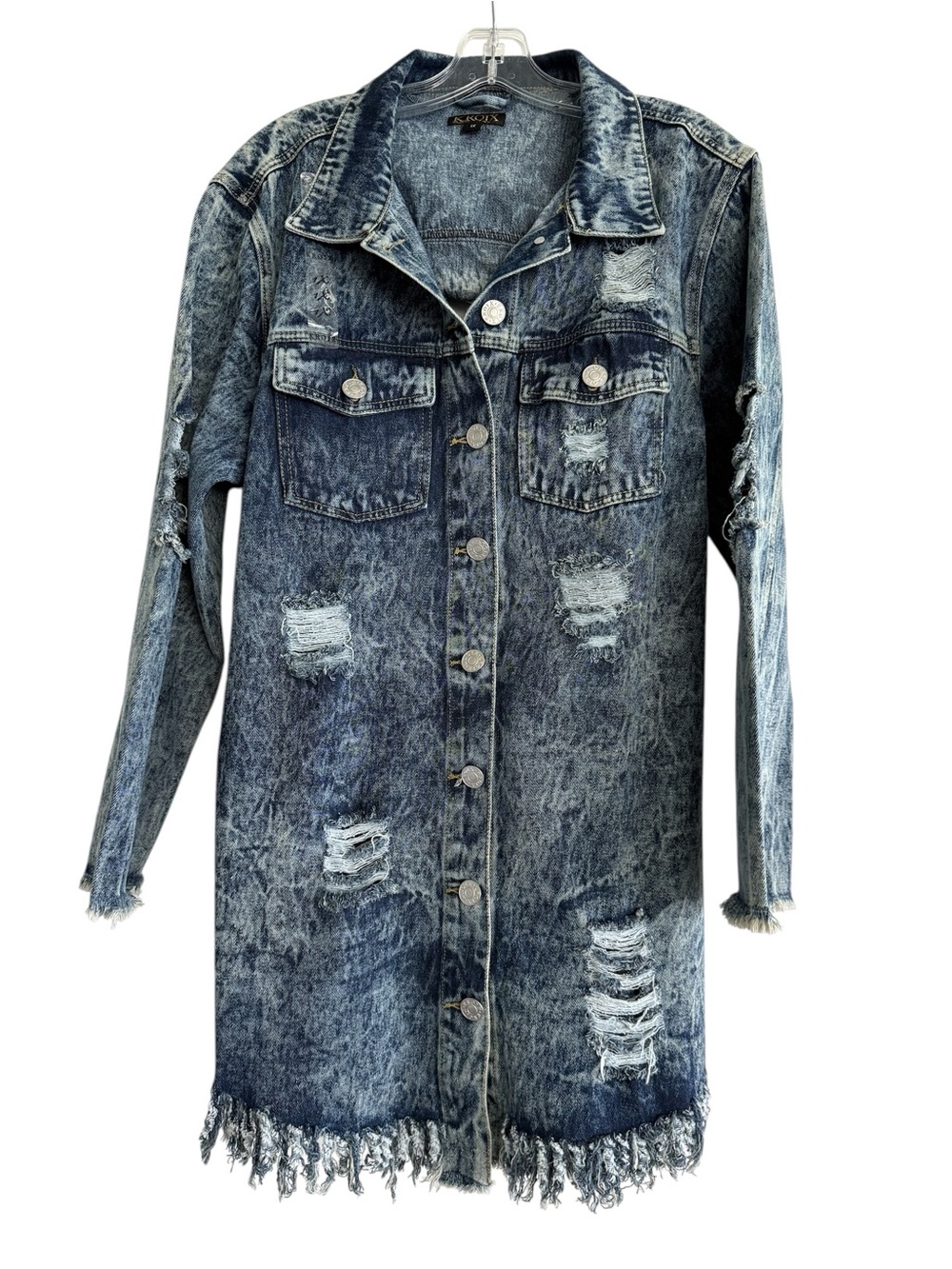 KROIX Acid Washed Distressed Frayed Denim Jean Jacket 1X Plus Size New